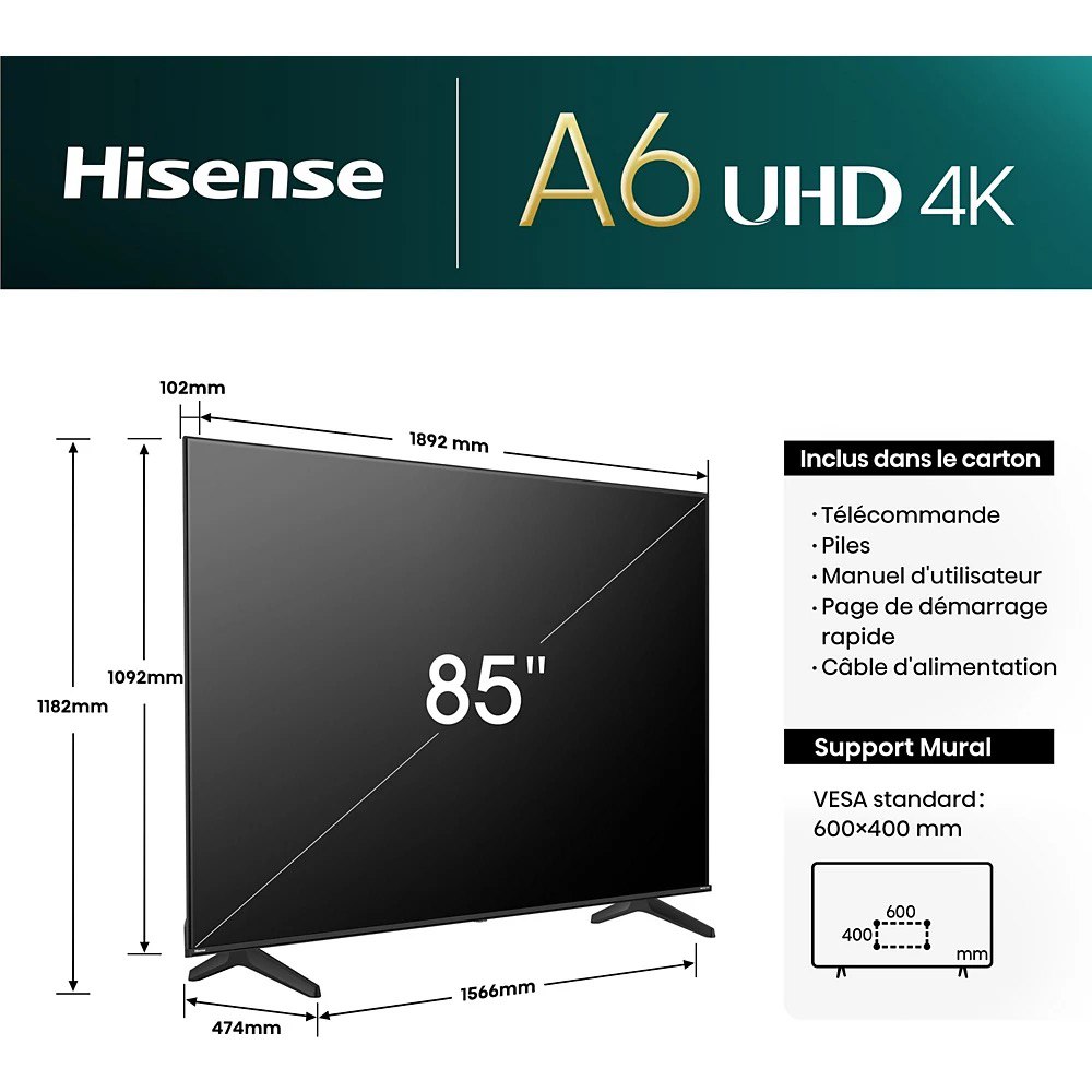 ELEVISEUR HISENSE 65'' LED SMART UHD 4K VIDAA 65A6Q – Image 4